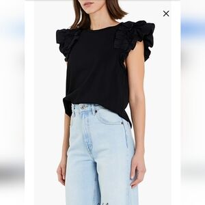 English Factory Mix Media Black Ruffle Sleeve T-Shirt Size XSmall